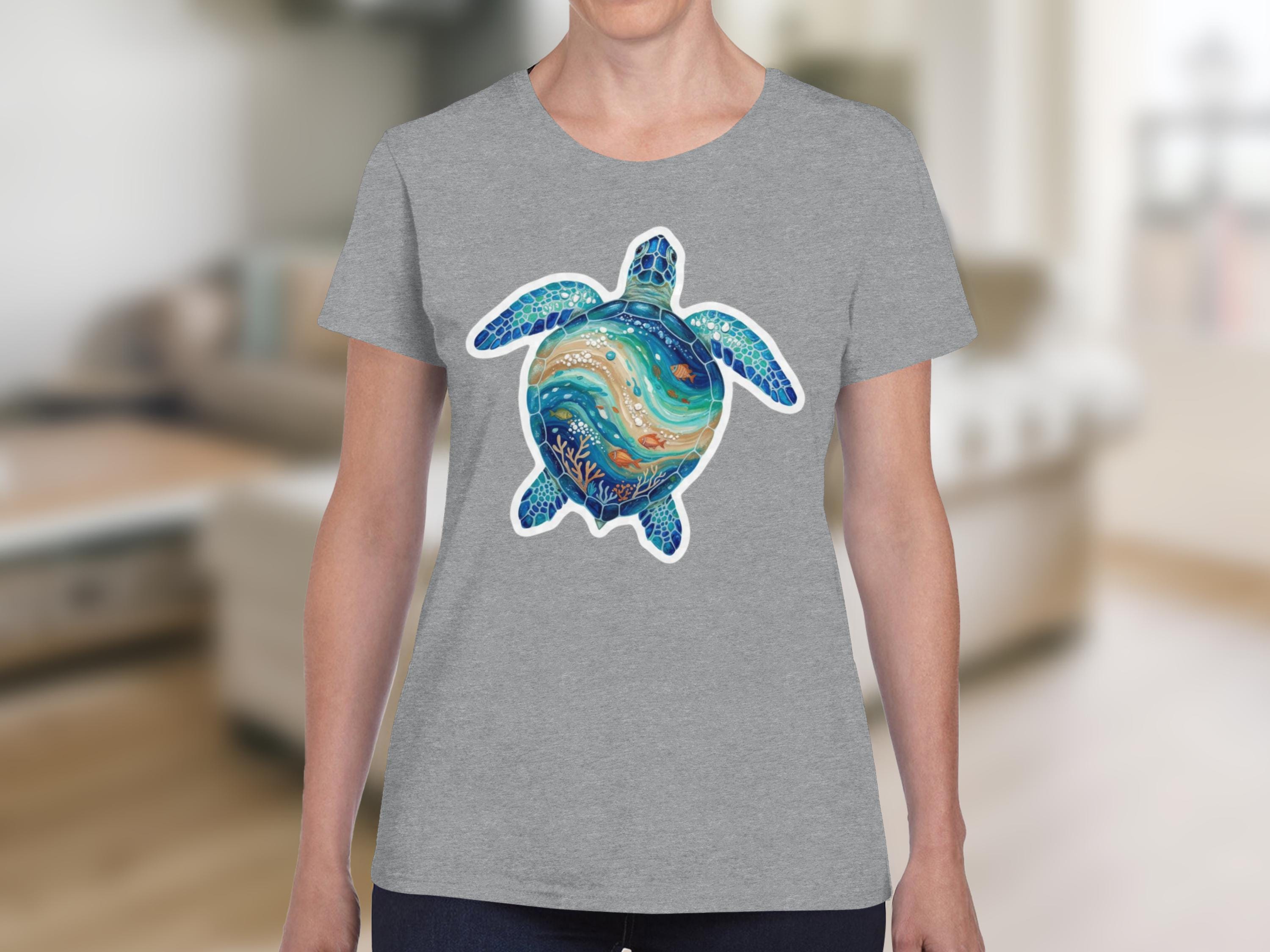 Artistic Sea Turtle T-Shirt, Watercolor Marine Life Coastal Tee
