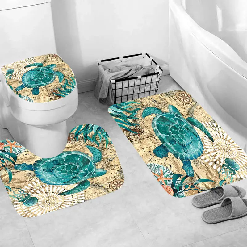 4pcs Turtle Bathroom Decor Set with Shower Curtain & Rugs