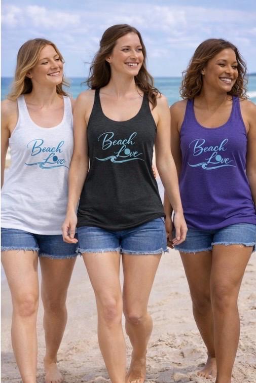 Beach Love Racerback Tank, Palm Tree Graphic Shirt, Summer Beachwear,  Casual Coastal Style