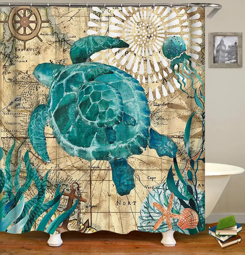 4pcs Turtle Bathroom Decor Set with Shower Curtain & Rugs