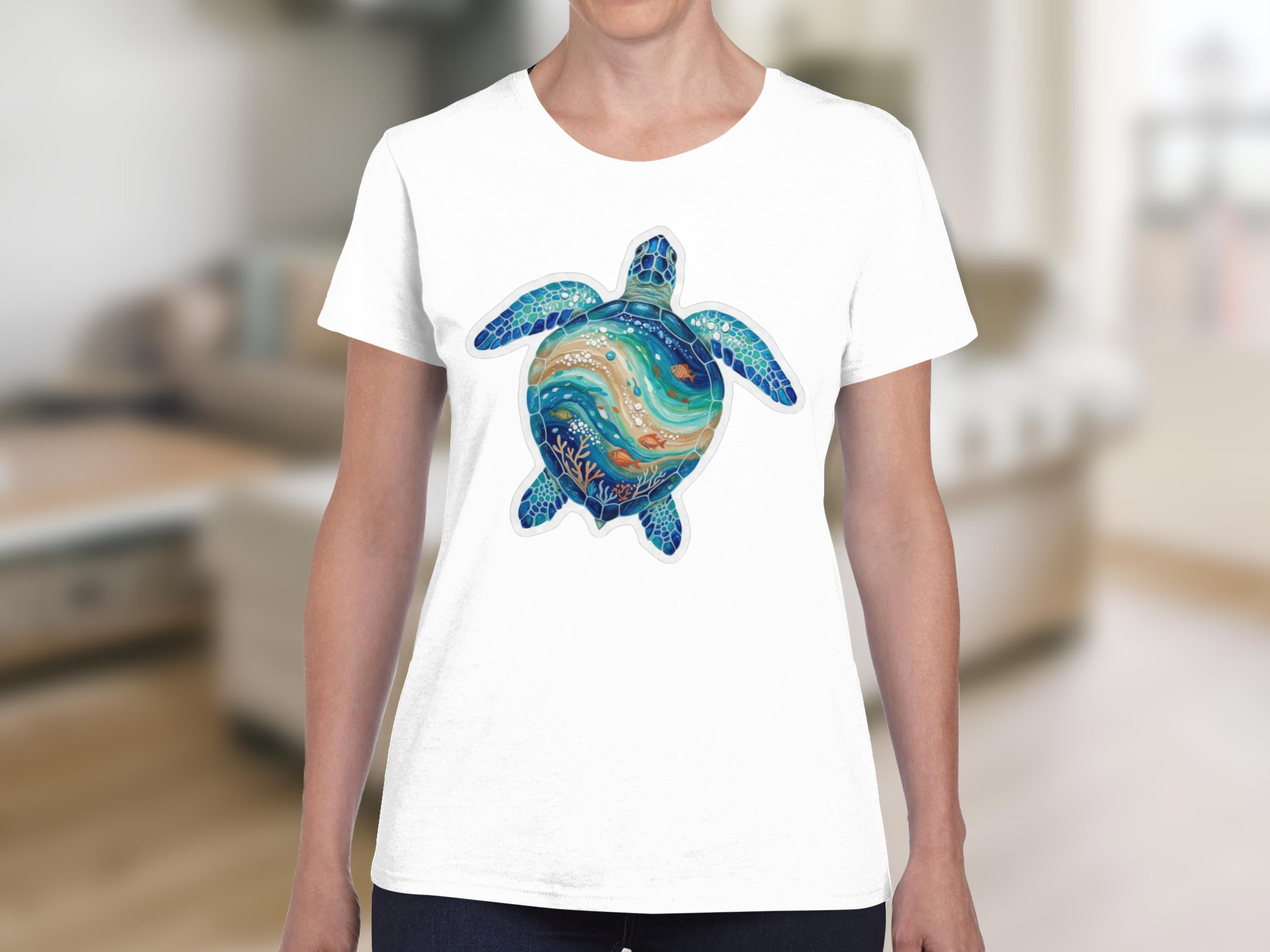 Artistic Sea Turtle T-Shirt, Watercolor Marine Life Coastal Tee