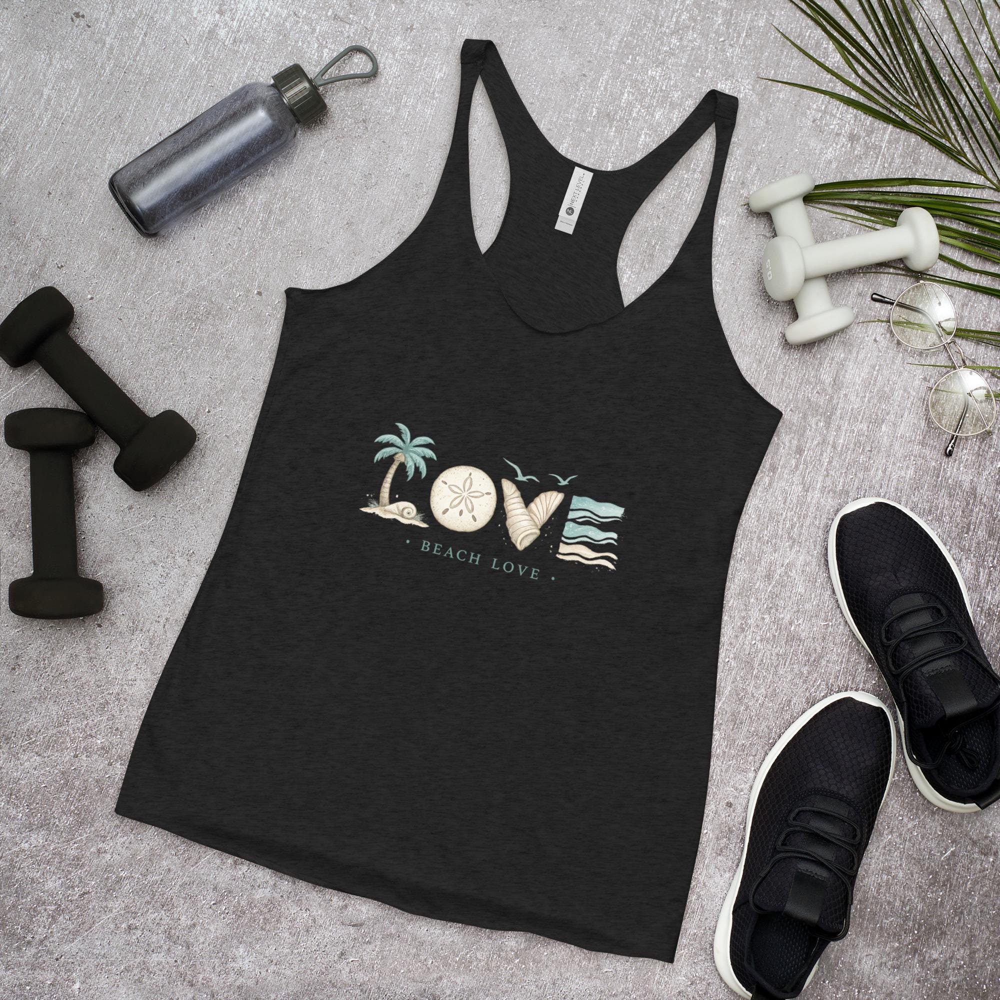 Beach Love Racerback Tank, Palm Tree Graphic Shirt, Summer Beachwear,  Casual Coastal Style