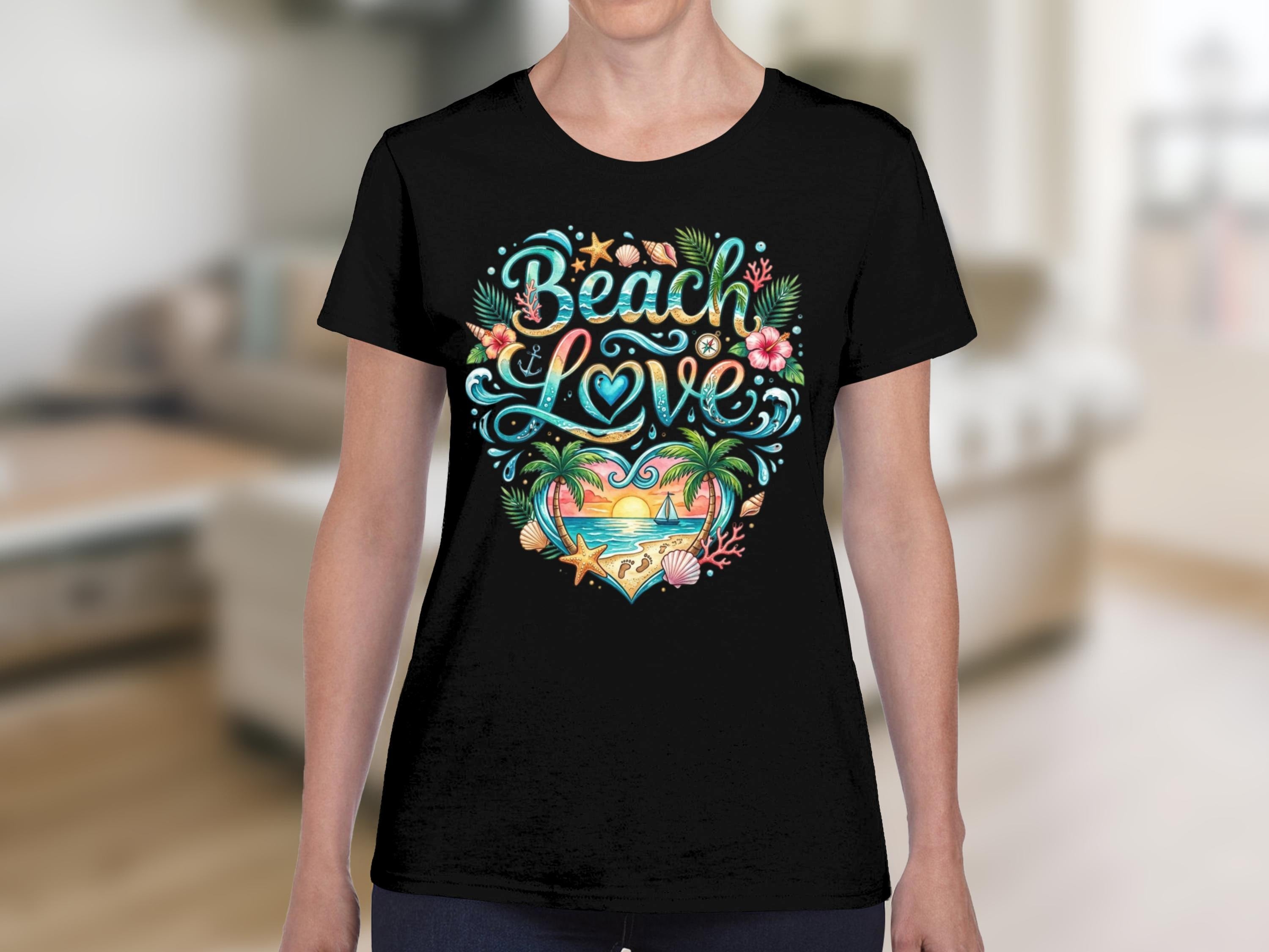 Beach Love T-Shirt, Watercolor Tropical Sunset Palm Tree Tee