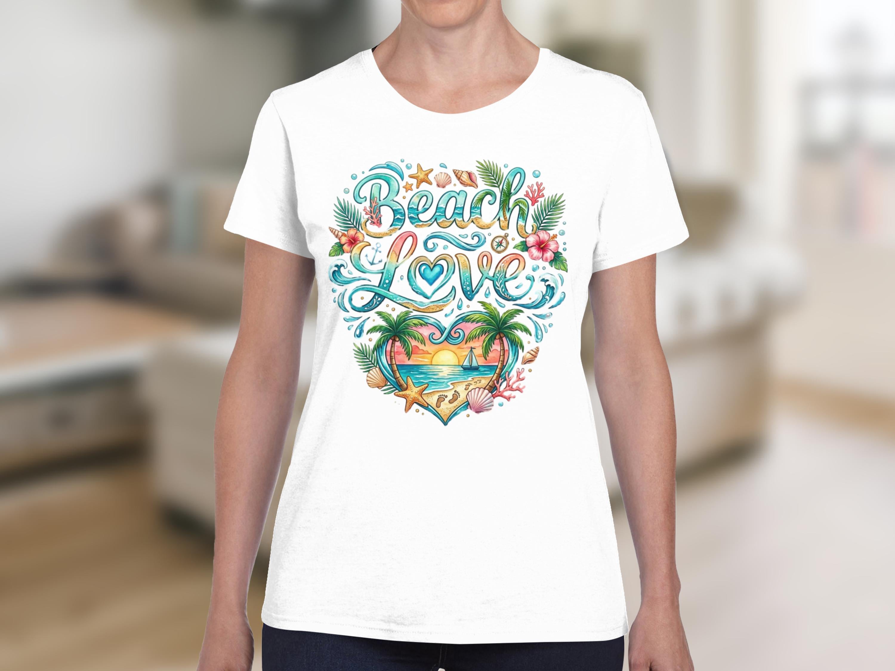 Beach Love T-Shirt, Watercolor Tropical Sunset Palm Tree Tee