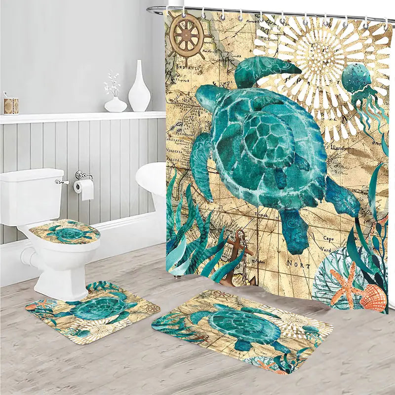 4pcs Turtle Bathroom Decor Set with Shower Curtain & Rugs