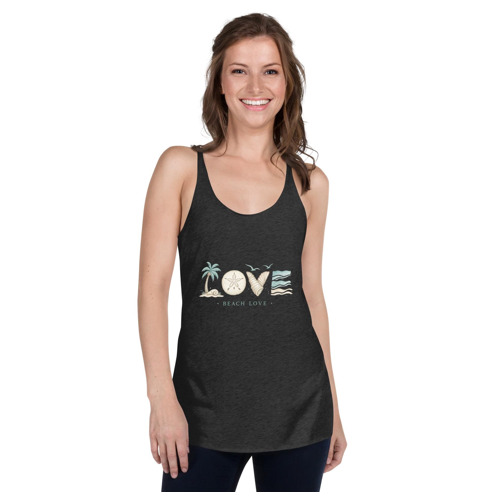 Beach Love Racerback Tank, Palm Tree Graphic Shirt, Summer Beachwear,  Casual Coastal Style
