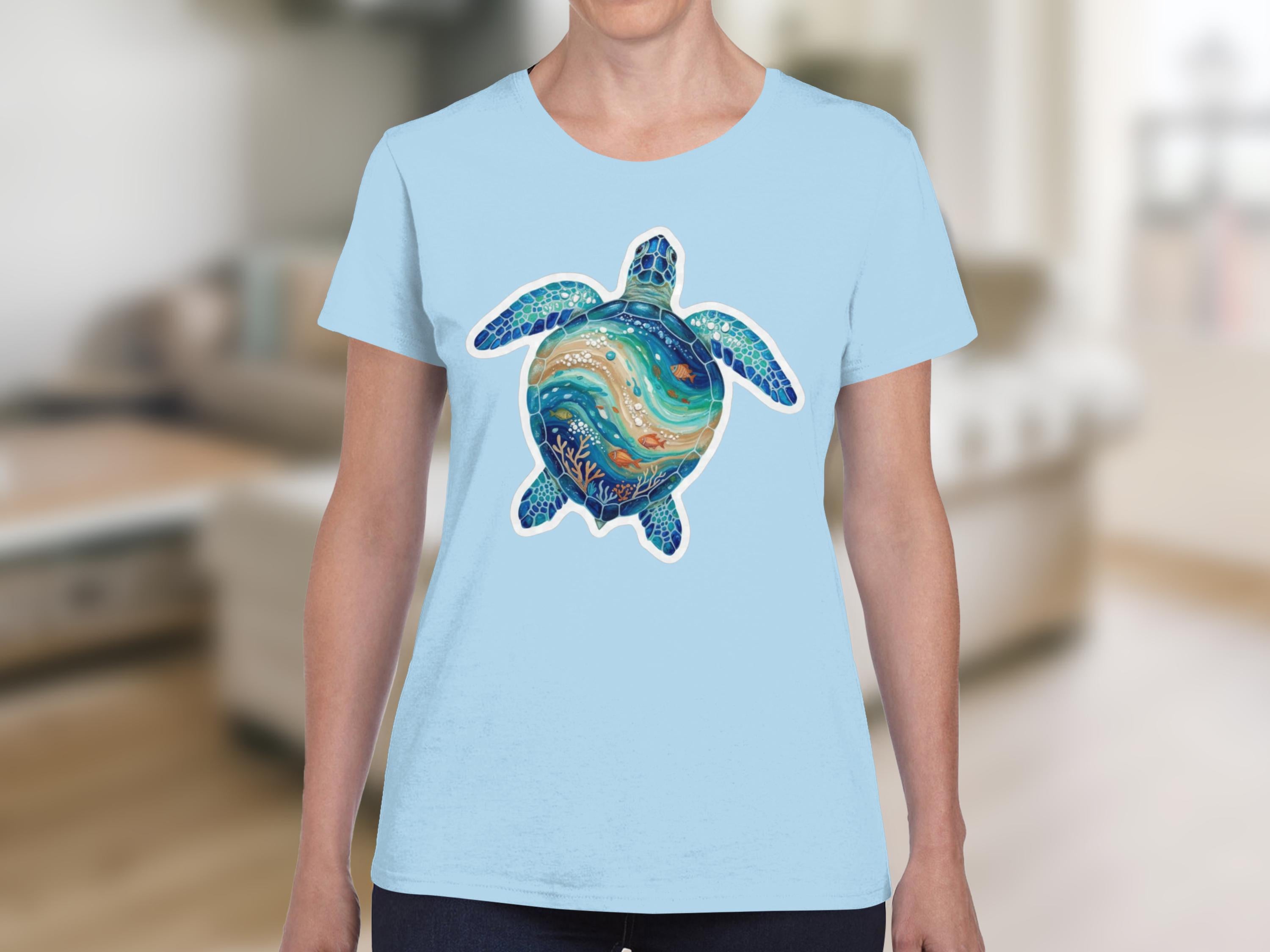 Artistic Sea Turtle T-Shirt, Watercolor Marine Life Coastal Tee